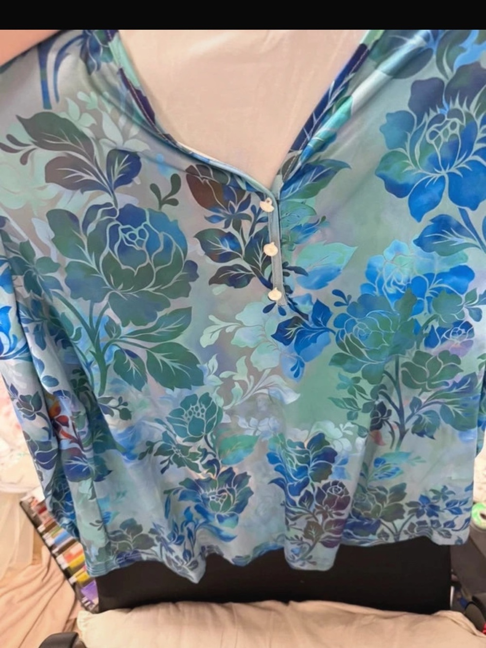 Women’s Floral V-Neck Blouse in Blue and Green